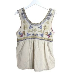 Christophe Sauvat Metallic Embroidered Boho‎ Beaded Babydoll Top Cream Medium
